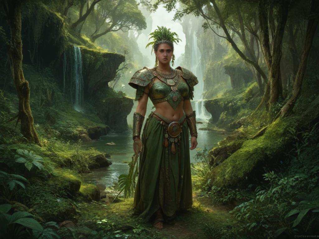 A powerful woman dressed in ancient Amazonian armor stands in a lush, mystical island setting resembling Themyscira. She is surrounded by nature, with green mountains and the ocean in the background, exuding strength and a sense of responsibility.