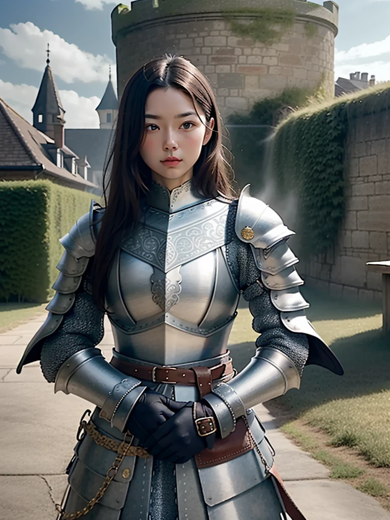 (masterpiece, best quality),  intricate details,
 1girl, guard,  town guard, armor, pauldrons, chainmail, village, castle wall, 
 