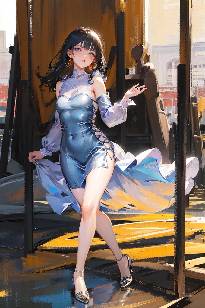 8k, masterpiece, (iridescent clothing), <lora:iridescent_clothing-1.0:0.8>, fashion model, dynamic pose, catwalk, stern look, vivid, vibrant