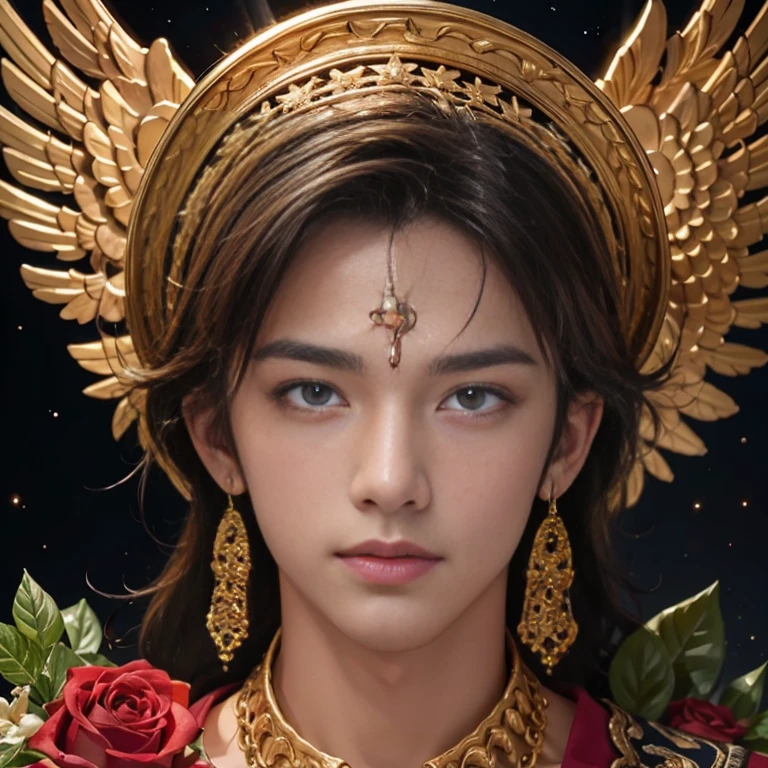 masterpiece,  highest quality,  highest quality,  official art , beautiful beautiful , 1 boy ,  is very detailed,  fractal art , Colorful, The most detailed ,  Pose with movement, Details Beautiful and gentle face、Beautiful details and gentle eyes, Extremely high resolution, Symmetrical eyes, natural smile, floral.