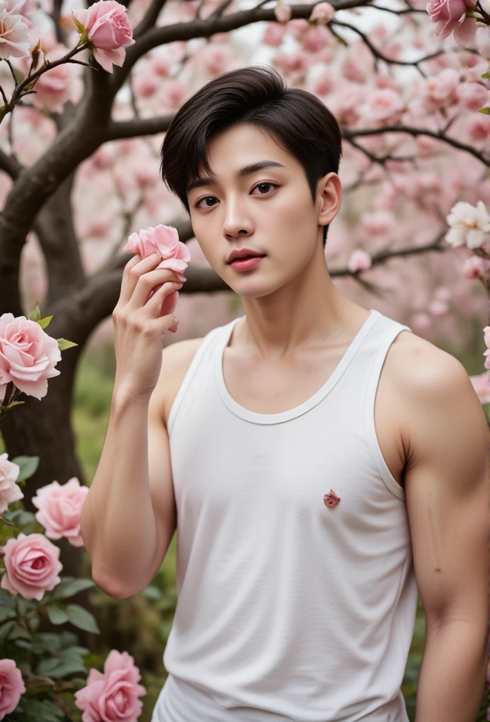 Another image of Ghibli ,Korean Oil Paintings,A handsome young man in a tank top,  random, interesting romantic gesture ,Look at the camera,High angle,Undercut hair, In the middle of a white-pink rose tree with blooming flowers backdrop, Handsome Asian  boy model, very white skin ภาพระยะใกล้
