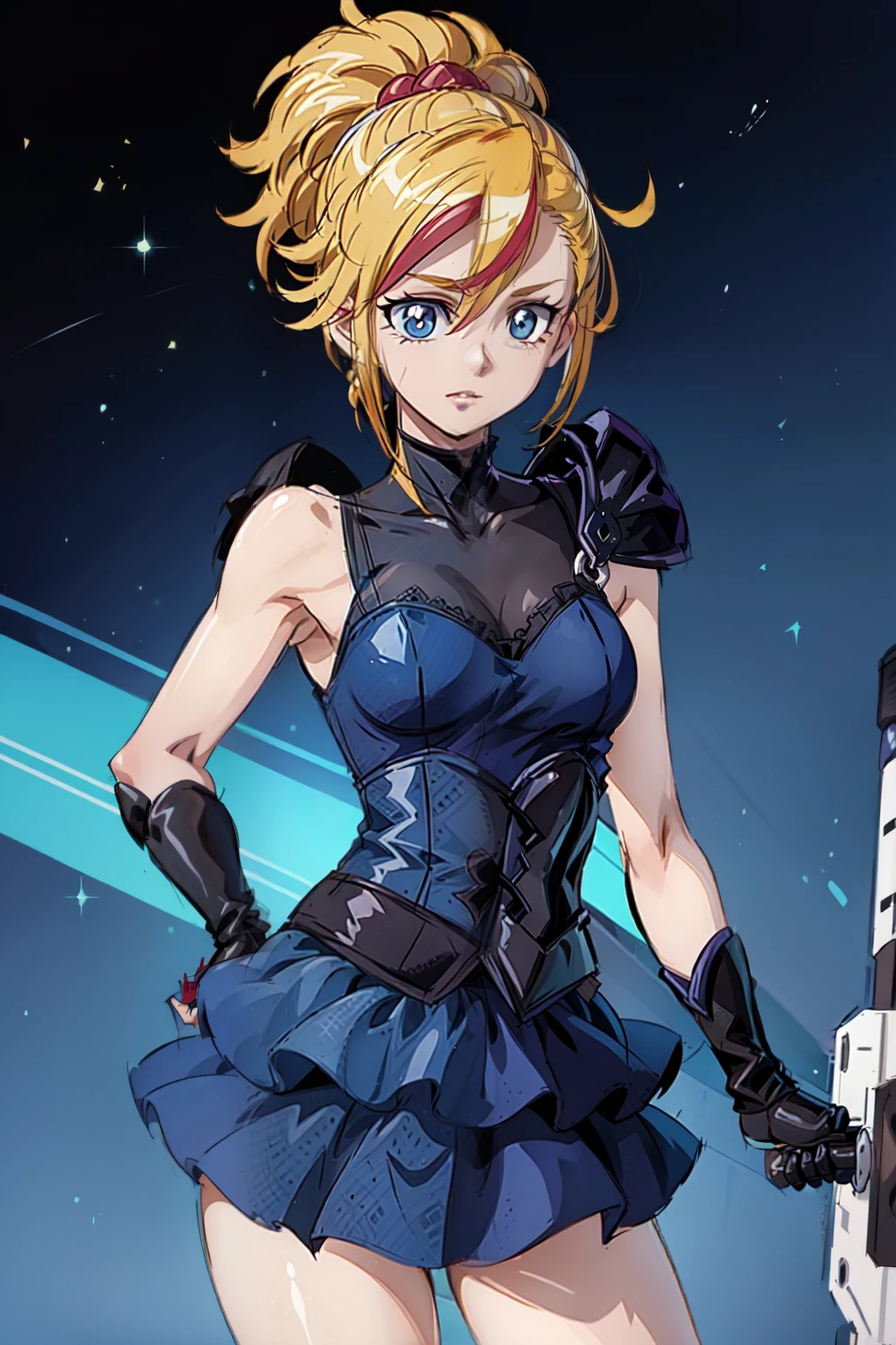 (masterpiece, best quality:1.2), Blue  glowing eyes, perfect face, highres, 1 girl, solo, ultra long ponytail, (female:1.5), strife, blonde hair, shoulder armor, sleeveless turtleneck, suspenders, belt, gloves, bracer, evil smile, standing, portrait, looking at viewer, giant sword on the back