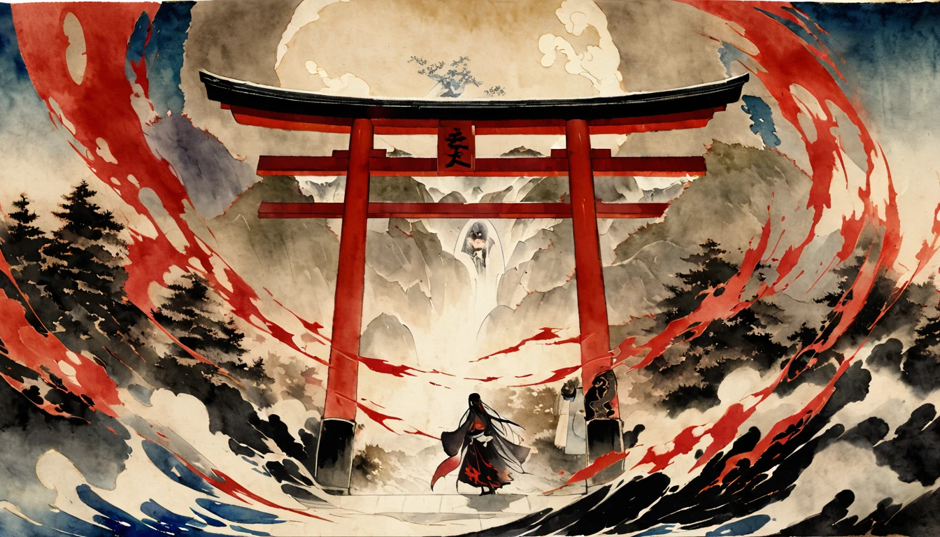 A dramatic scene of a large torii gate at a traditional shrine standing as the boundary between heaven and hell, Boundaries have a slight aura, Highlight another world that crosses boundaries, The stark difference between heaven and hell, On one side a beautiful and bright heavenly landscape; on the other a dark and ominous hellish scene, As the horde of yokai (Japanese spirits) known as Hyakki Yagyo passes through the torii gate they cross from heaven to hell, The scene is set at midnight with a strong contrast in colors like red and black and blue and white enhancing the eerie and mystical atmosphere, The style is rendered in watercolor, capturing the surreal and unsettling essence of the moment, dynamic angle, Ukiyo-e, 16k