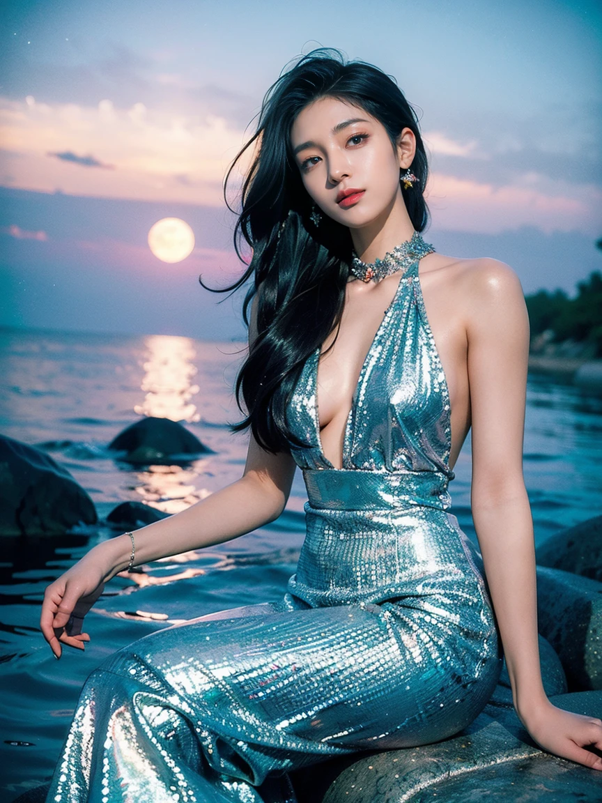  beautiful mermaids and flowing ,Rainbow scales and long, blue dress . She is sitting on a rock by the sea under the moonlight,surrounded by  gentle waves  and sparkling 海生动物.,(style: fantasy,  actual ),(details: Long hair, Rainbow scales, moonlight, 海生动物,  gentle waves ),(Anatomically correct),最 high quality , high quality ,16K, very ridiculous ,  Very detailed, detailed and beautiful eyes , smooth and beautiful skin , Beautiful Hair ，shiny details, carefully drawing details , complex gradations like watercolor ,Bright colors, excellent color balance ,happy dream, Zentangle elements ,Rendering, chanting colorful mantras ,((flash)),Hologram processing ,Excellent,Magic Effects, place fine light particles , carefully draw facial lines ,Natural Makeup,Attractive,Perfect proportions