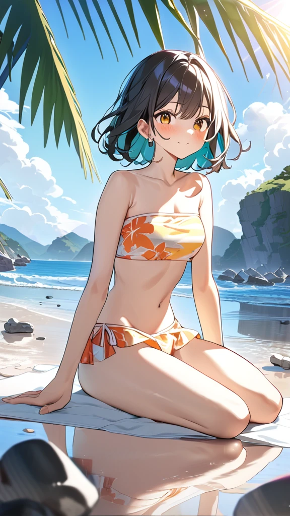 anime art style, woman sitting on beach, floral print bikini
