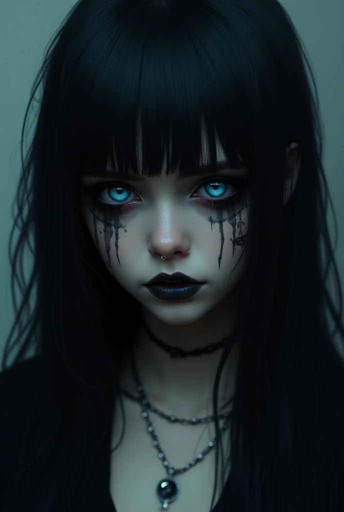 Metalhead girl with dripping black makeup staring at the camera, apocalyptic background, dark, creepy, ominous, cinematic.