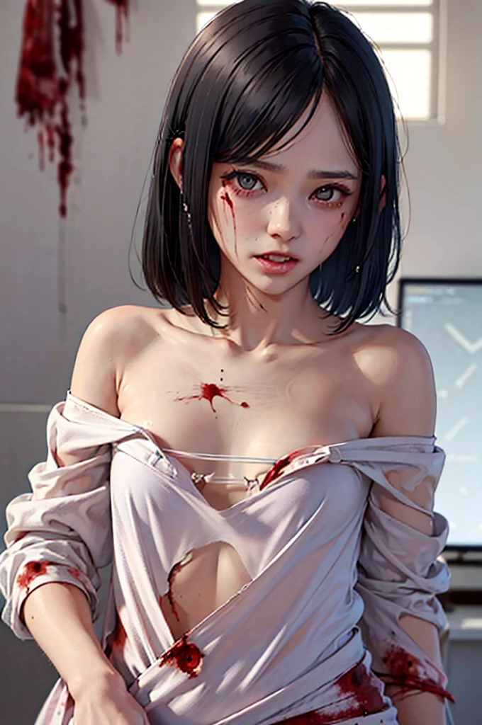 (Best Quality),Highly detailed,Super detailed, 1 girl, (beautiful girl),((Baby Face)), ((High school girl)), (Dark atmosphere), (Dim lighting), (( sexy)),( small breasts),Black Hair, bob cut , (Completely naked), Halloween , (( zombie cosplay)),(((Zombie Makeup))),(((Bloody, My body is covered with blood ))),(((血とsemenで全身がドロドロ))), (( pink nails for )), ((Masturbation)),(( sex, sexual behavior, standing back)), (fellatio), (semen), ( Pizzurri),( happy expression), (Seductive expression), (( ecstatic expression)),((Facial,Being ejaculated on the face)),((happy tears)),(口の中にsemenが溢れている)