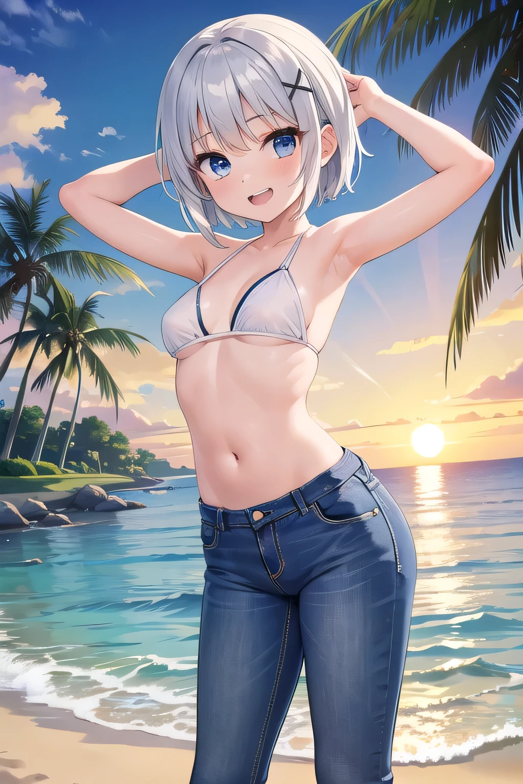 masterpiece,best quality,ultra detail,1girl, ****,petite,Laugh happily,background((beach, garden, sunset)),sunshine,cloud, beautiful silver short hair, hair ornament, x hair ornament,Raise your arms and bring them behind your head,White teeth, large breast, White bikini tops, armpit, jeans pants, (flares jeans 1:1), blue jeans, standing sexual pose, orgasm,