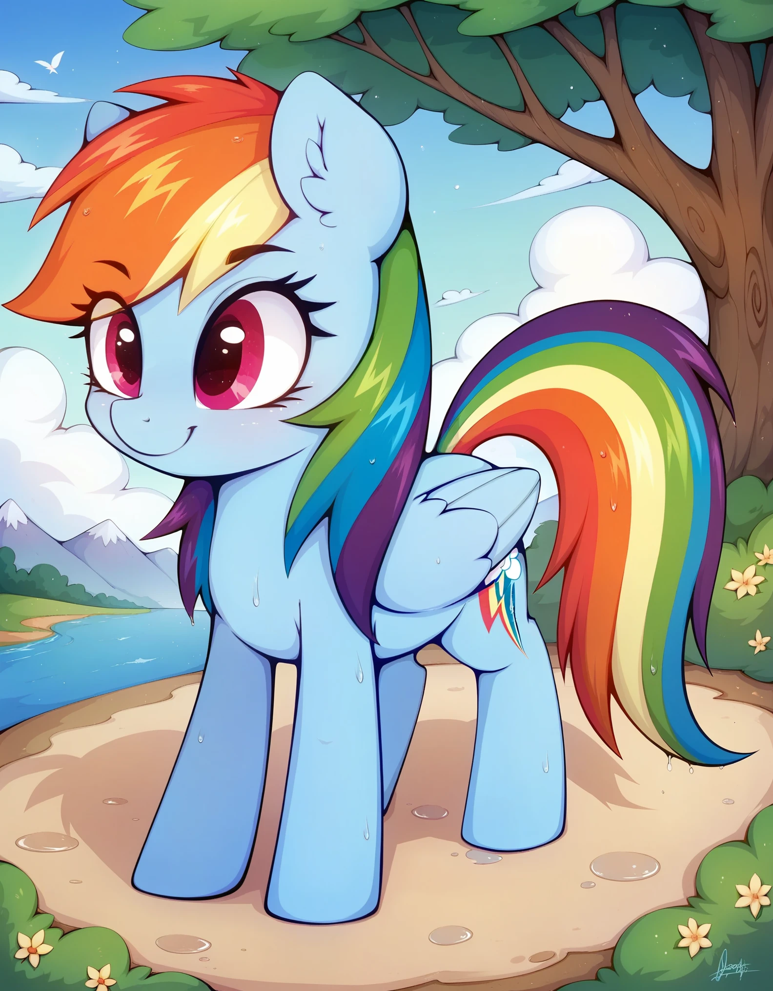 score_9, score_8_up, score_7_up, (masterpiece)), ((best quality), (high detailed), (beautiful), 1girl, feral, rainbow dash, smile, one character, mlp, pony, my little pony, horse, wet, all fours, (full body shoot), detailed hair, detailed fur, by hioshiru, by rattatatus78,,