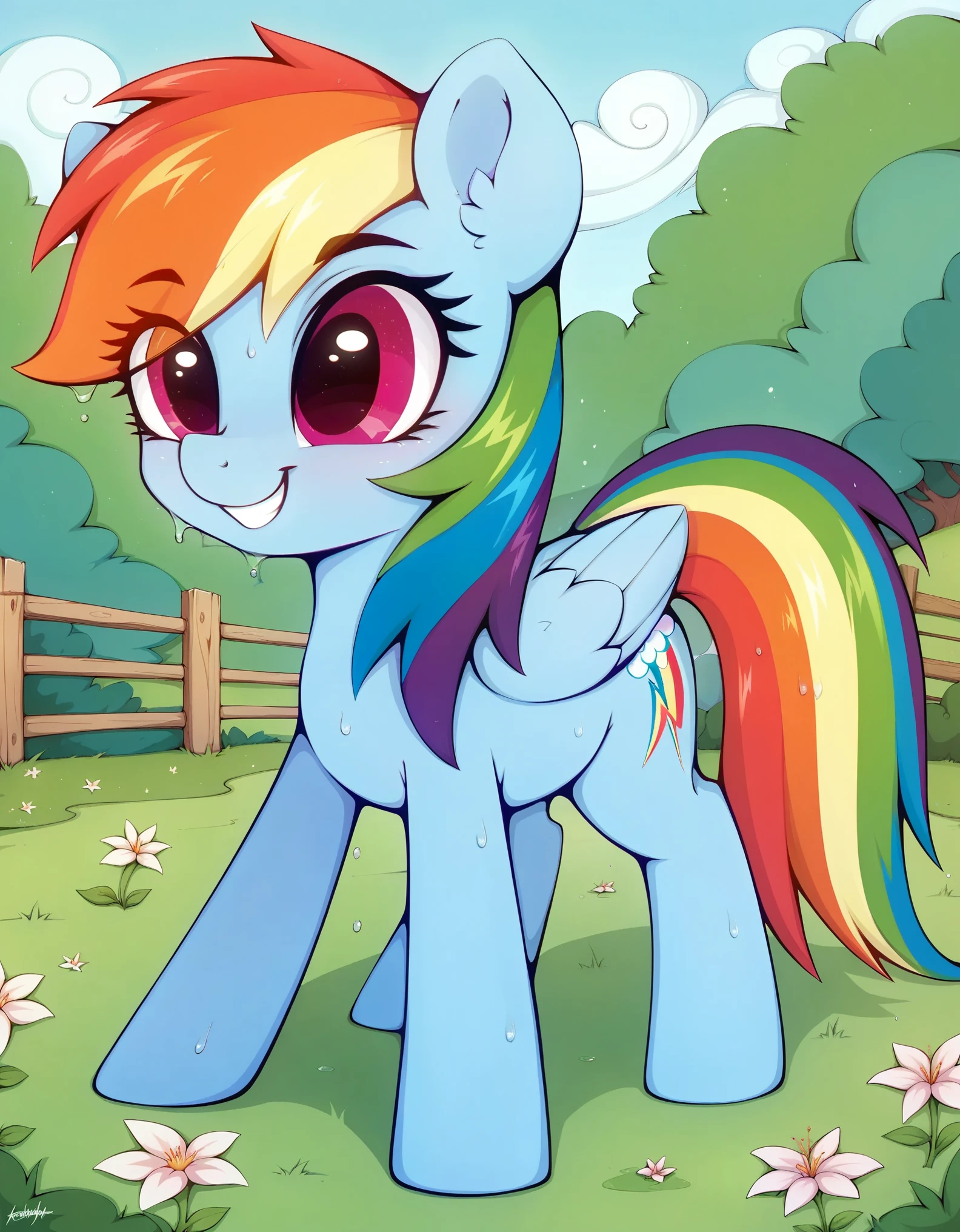 score_9, score_8_up, score_7_up, (masterpiece)), ((best quality), (high detailed), (beautiful), 1girl, feral, rainbow dash, smile, one character, mlp, pony, my little pony, horse, wet, all fours, (full body shoot), detailed hair, detailed fur, by hioshiru, by rattatatus78,,