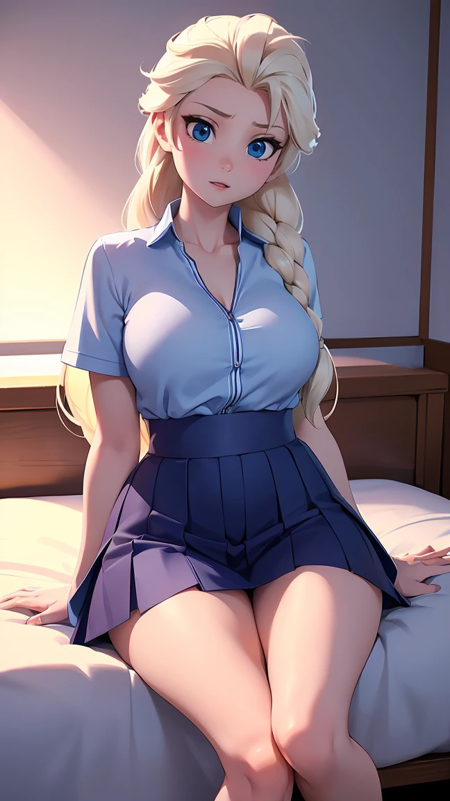 (((Blonde stunning hair))), (blue eyes), blue necklace, Golden earrings, Fit, Gorgeous Body, gorgeous, brown eyebrows, (two moles over lip), big pupils, (23 years old), 1girl,solo, complex skin, warm light, (large breasts), wide thighs, round butt, 5 fingers, ((blushing)), ((detailed face, best quality)), ((masterpiece)), ((ultra-detailed)), (beautiful detailed eyes), red lip, eyeshadow, beautiful face, long hair, very detailed eyes, intricate details in eyes, perfect lips, good lighting, cleavage, from behind pov, show ass, focus on ass, big ass cheeks, round ass, ass directly in camera, classroom background, ((School Uniform skirt a little bit lifted to show ass))