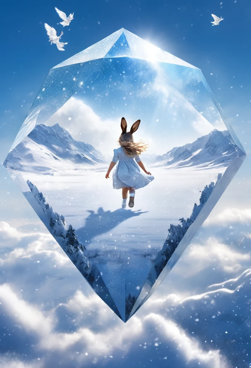  Double Exposure ，Angelic, Detailed girl , level flight，Asahi,  merges with snowy landscape ,  horizon , In the sky,  diamond dust, A cute rabbit runs,  high definition, 8k