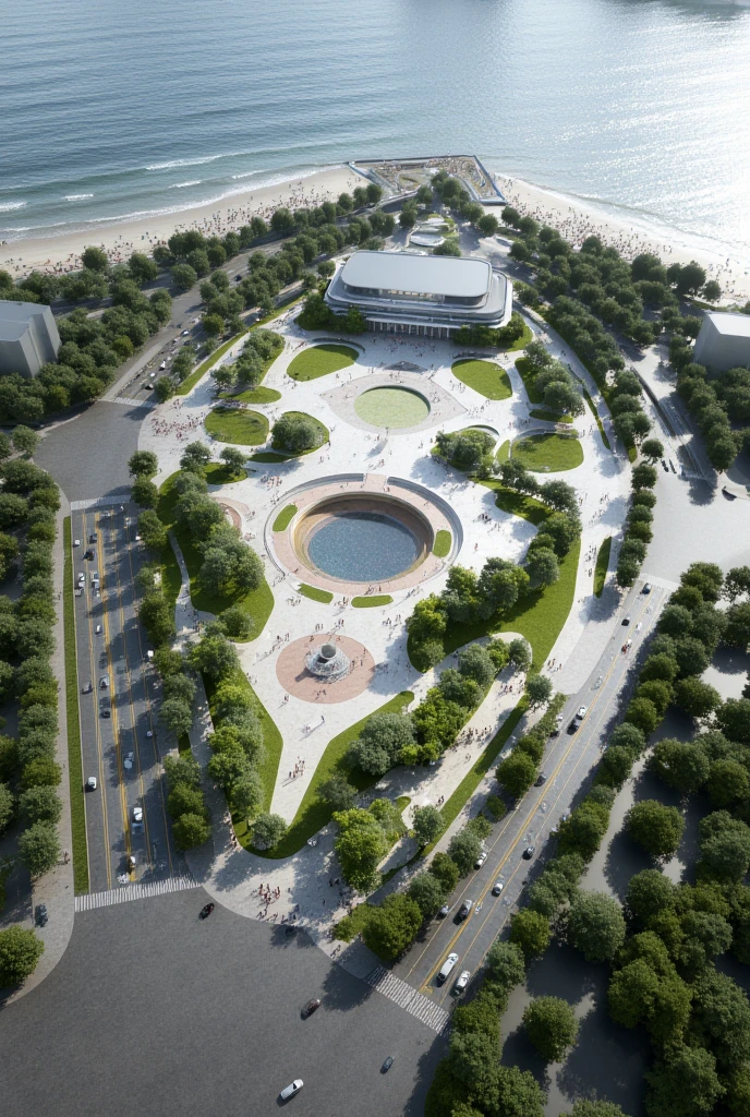  generates a diamond-shaped park with rounded corners,  in front of a building with its respective streets , everything seen from the sky , and vegetation near the beach