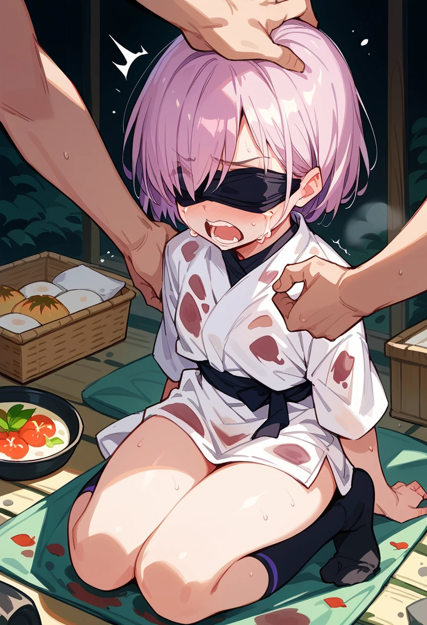 (((Being forced to eat hot curry ))),blindfold,socks,crying,shouting,ecstasy, Stained white shirt ,Mash-kyrielight_fate,