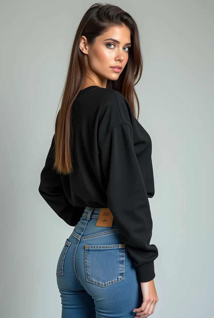 Woman with black Adidas sweatshirt and tight jean pants with big ass and is beautiful with straight and long hair that is Russian and white sneakers that is skinny and with normal height