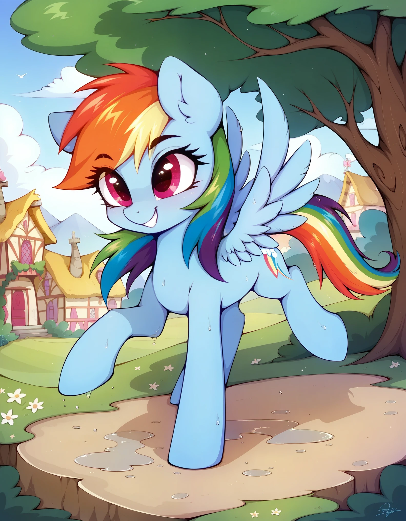 score_9, score_8_up, score_7_up, (masterpiece)), ((best quality), (high detailed), (beautiful), 1girl, feral, rainbow dash, smile, one character, mlp, pony, my little pony, horse, wet, all fours, (full body shoot), detailed hair, detailed fur, by hioshiru, by rattatatus78,,