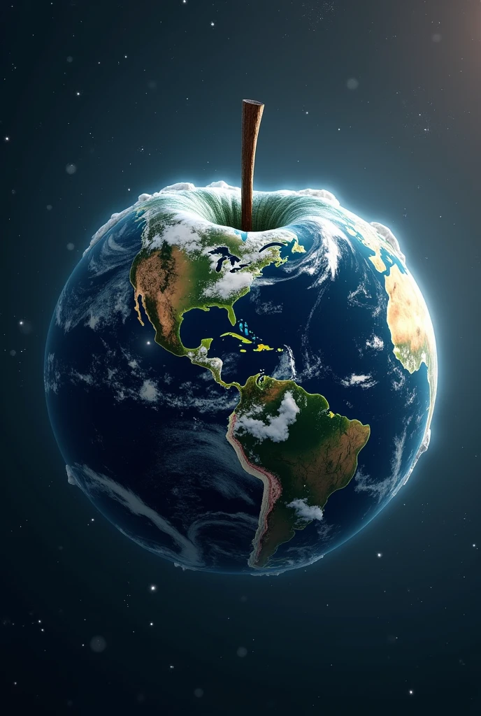 A photorealistic apple-shaped planet Earth, hanging from the branch of a tree, ultra-detailed, 8k, hyperrealistic, dramatic lighting, surreal, conceptual art, title shot Blender