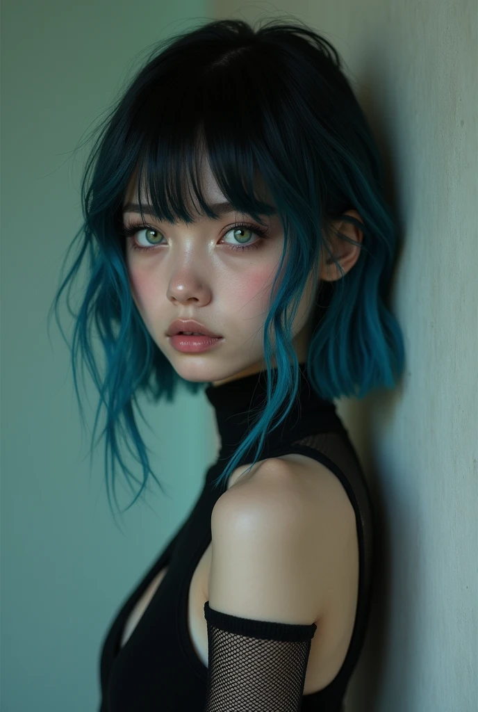  Create a girl with blue and black hair American facial features,  with black mesh clothes on his arms and light green eyes , That he is in his room .