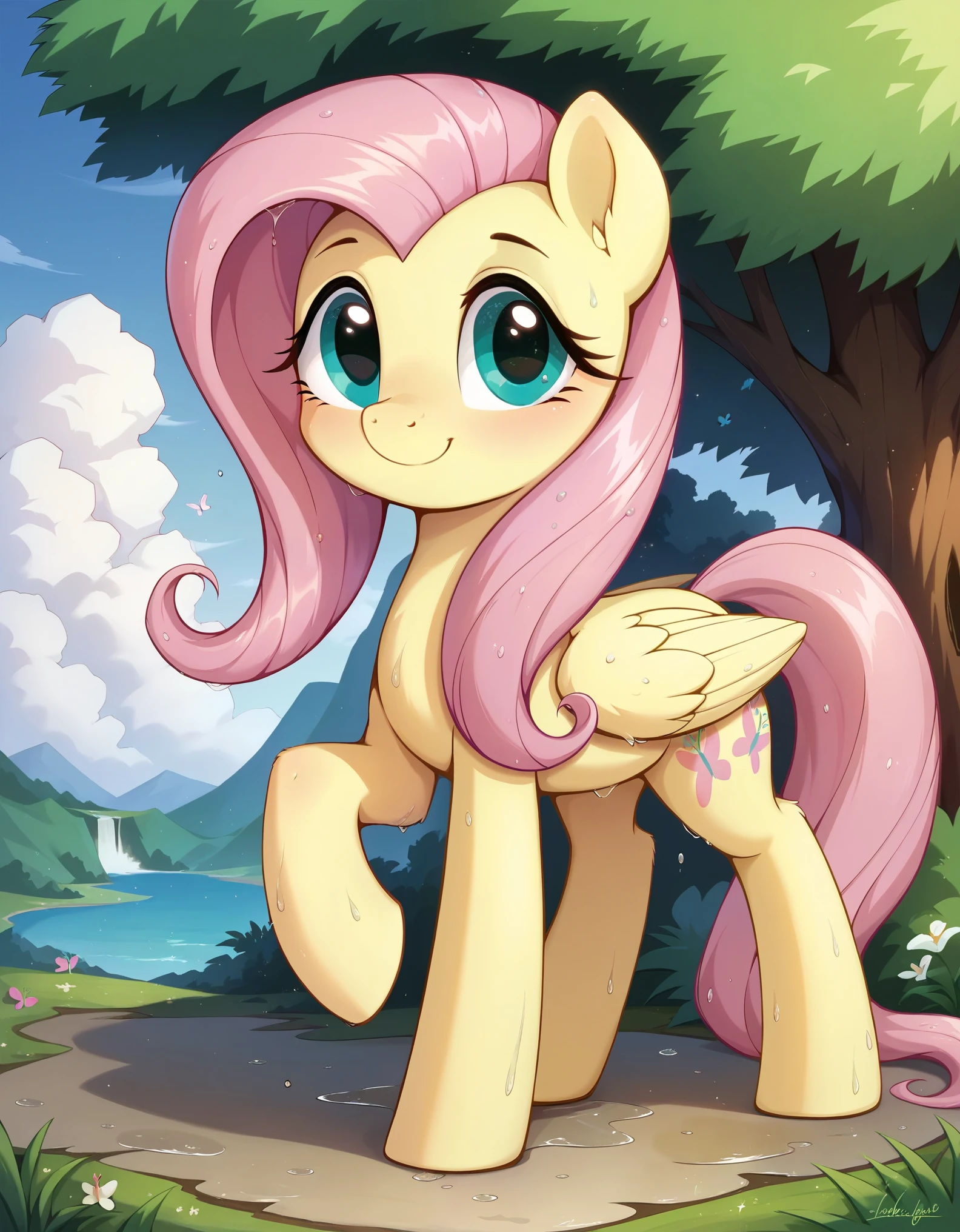 score_9, score_8_up, score_7_up, (masterpiece)), ((best quality), (high detailed), (beautiful), 1girl, feral, fluttershy, smile, one character, mlp, pony, my little pony, horse, wet (full body shoot), detailed hair, detailed fur,, (hioshiru:1.0),,