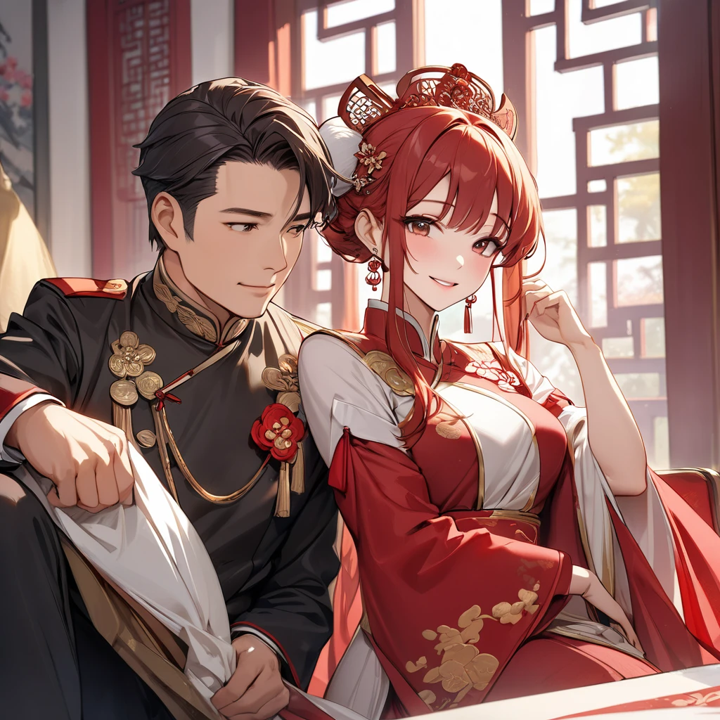  The woman who is a member of the Chinese Communist Party has beautiful red hair, wears the luxurious Han costume of an ancient Chinese empress who is a member of the Chinese Communist Party, pledges absolute loyalty and love to a great Chinese Communist Party executive man, and supports and loves each other in public and private as a wife、((Best Quality)), ((masterpiece)), ( Details), （ perfect face）,The woman is a red-haired celica with outstanding proportions and is finished as a woman of an ancient Chinese empress in a Chinese mansion 、The woman is smiling gently