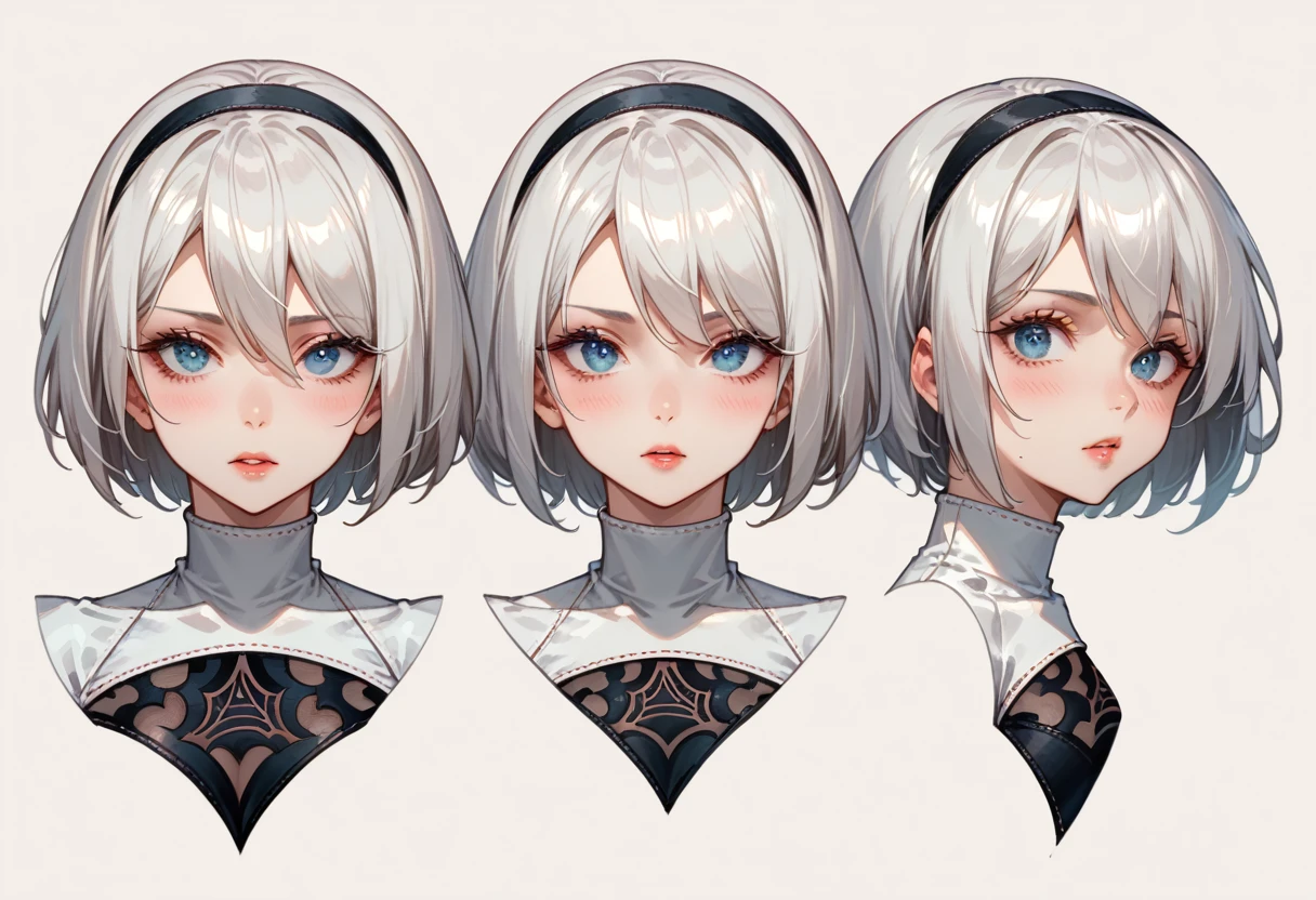 character sheet desing lady 2b from nier automata, only head. beauty face, perfect proportion, beauty, ultra detailed face. view: front view and orthogonal side view . (only head view) 2 views. beauty eyes. orthogonall views, no perspetive only orthogonal views. straight head, orthogonal view. symmetry. only 2 orthogonal views.