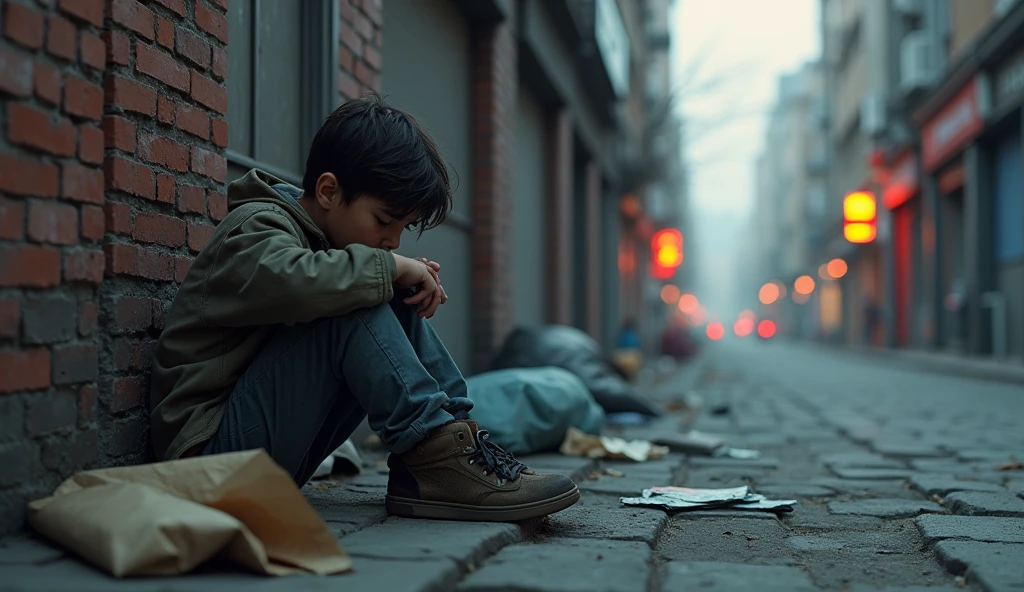 boy crying in the city, it&#39;s raining, his clothes are dirty, he is holding with wallet full of dollars