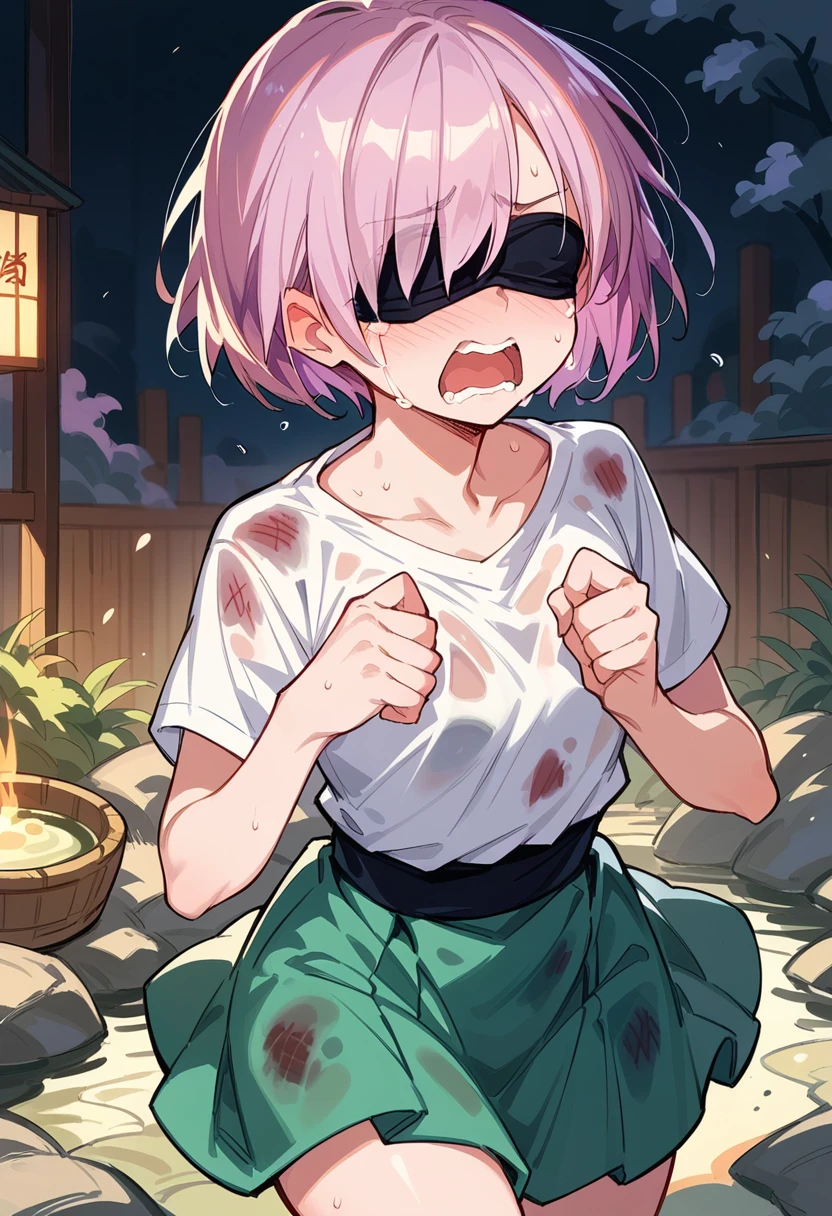 (((Being forced to eat hot curry ))),blindfold,crying,shouting, Stained white shirt,skirt, ,Mash-kyrielight_fate,