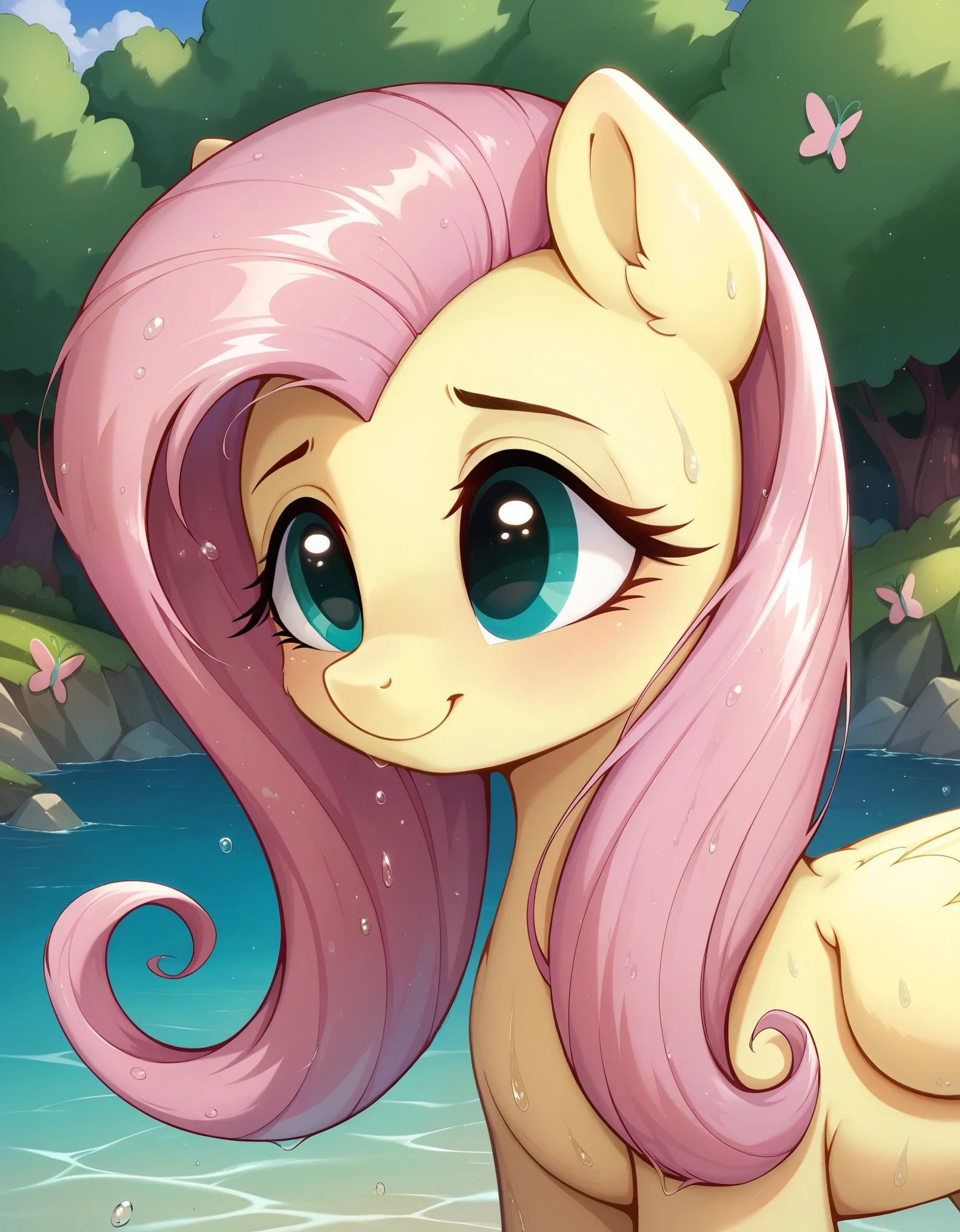 score_9, score_8_up, score_7_up, (masterpiece)), ((best quality), (high detailed), (beautiful), 1girl, feral, fluttershy, smile, one character, mlp, pony, my little pony, horse, wet (full body shoot), detailed hair, detailed fur,, (hioshiru:1.0),,