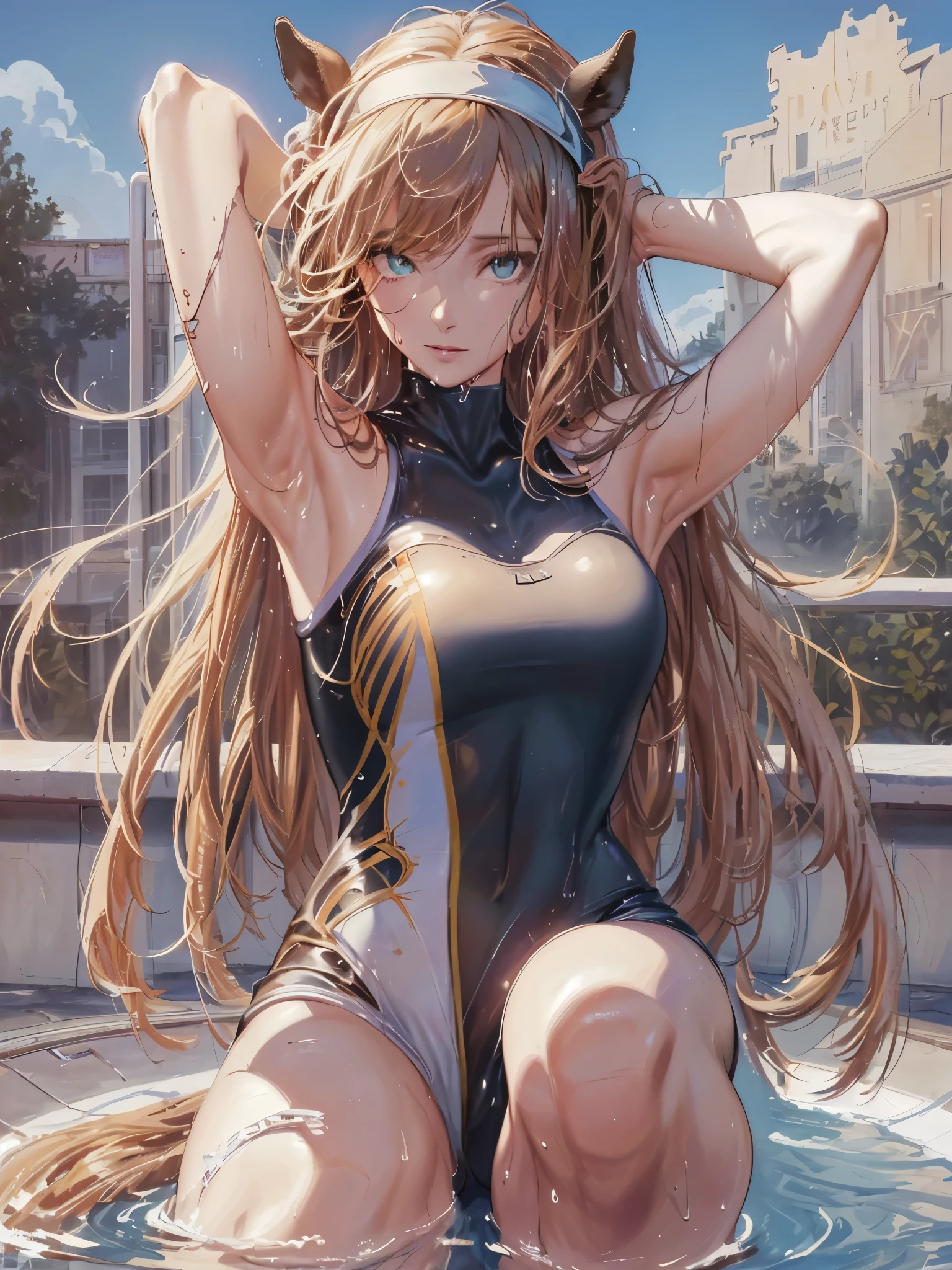 top-quality、Full limbs、complete fingers、Slender beauty、1 female、Women with straight hair、((Woman with orange hair))、Women with medium hair、Women with straight hair、(Beautiful busty woman:1.3)、((black rider jacket))、(((White competitive swimsuit:1.3)))、Brown pantyhose、black knee-length long boots、A big smile、Naughty Poses、Dancing