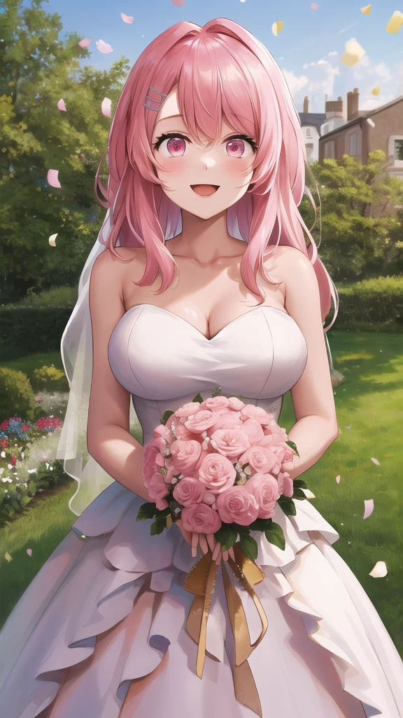 masterpiece, best quality, highres, 1girl, solo, long hair, pink hair, hairclip, bangs, pink eyes, wedding dress, standing, garden, confetti, holding bouquet, smile, open mouth,