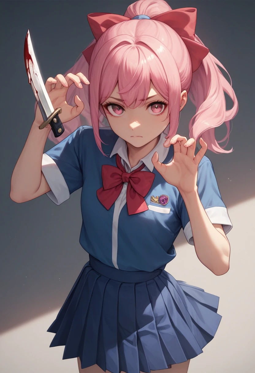 1girl,pink hair, pink eyes,hair bow,sidelocks,twintails,ponytail,shiny hair, school uniform,red bowtie,blue skirt,blue shirt,pleated skirt,short sleeves,looking at viewer,, Exquisite visuals, high-definition,masterpiece,best quality, knife, obsessive love pose, blood