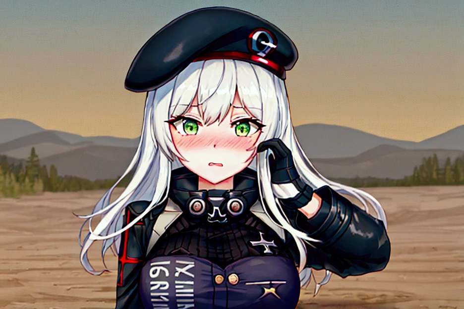 score_9, score_8_up, score_7_up, 1girl, solo, (blushing), looking down, 1girl, solo, (416_girlsfrontline:1.2), large breast, white hair, green eyes, (jacket:1.2), (beret:1.2), black_headwear, long_sleeves, (oriental:1.2), partially submerged, flooding up to the chest, upper body, yellowstone park, relaxing, anime face, trembling, (half upper body:1.2), Quicksand, Quick Sand, arms stuck in quicksand, up to chest in quicksand, moaning, blushing, shortstack figure, breasts pushed up by quicksand, standing in quicksand, shining