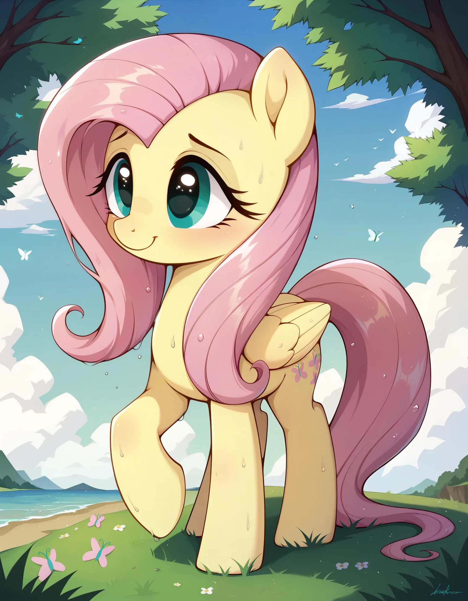 score_9, score_8_up, score_7_up, (masterpiece)), ((best quality), (high detailed), (beautiful), 1girl, feral, fluttershy, smile, one character, mlp, pony, my little pony, horse, wet (full body shoot), detailed hair, detailed fur,, (hioshiru:1.0),,