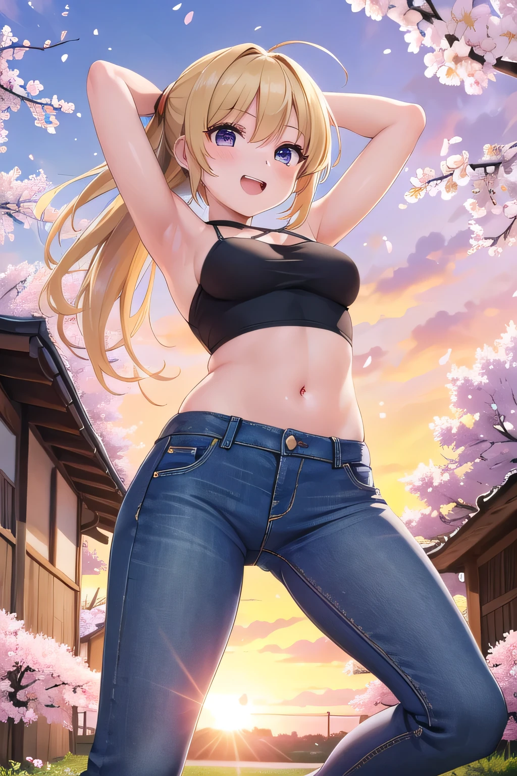 masterpiece,best quality,ultra detail,1girl, ****,petite,Laugh happily,background((cherry_blossoms, garden, beautiful sunset)),sunshine,cloud, beautiful blonde ponytail hair, hair ornament, x hair ornament,Raise your arms and bring them behind your head,White teeth, large breast, bikini tops, armpit, jeans pants, (flares jeans 1:1), blue jeans, standing sexual pose, orgasm,