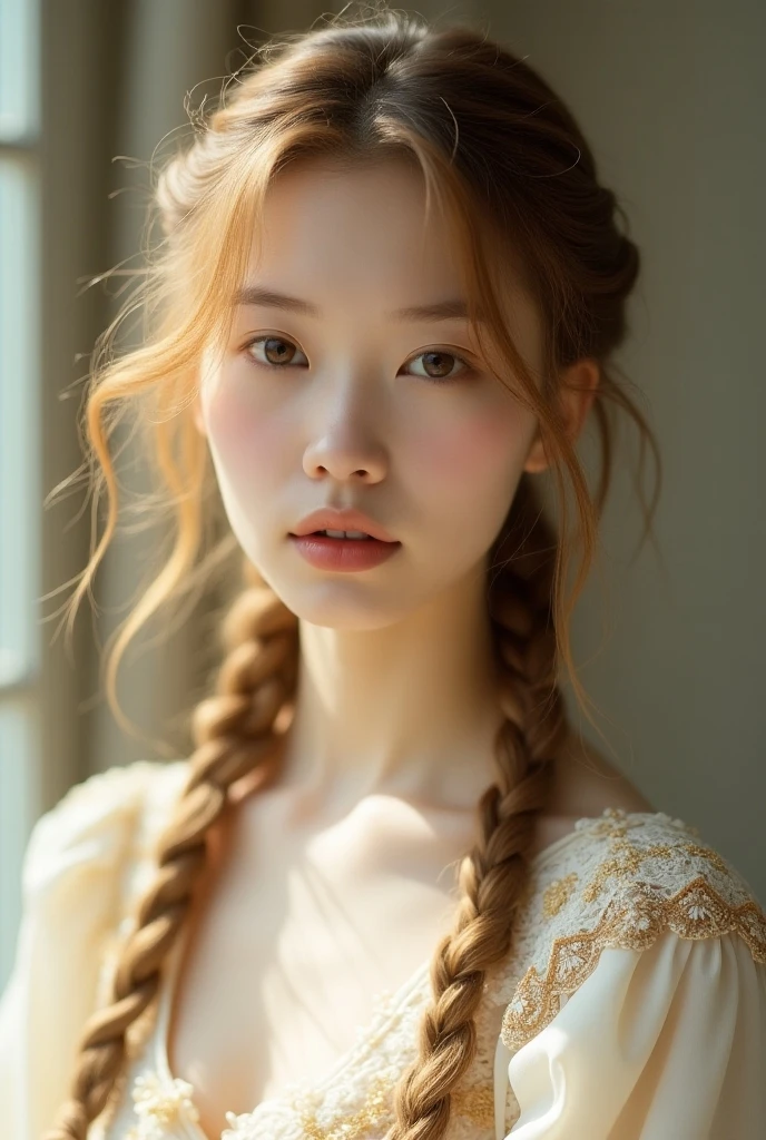 Long light brown braided hair、Small cleavage、(High Detail Skin)、8K UHD、Digital SLR、Soft lighting、hightquality、80mm、Hasselblad、HDR Caswin Pictures