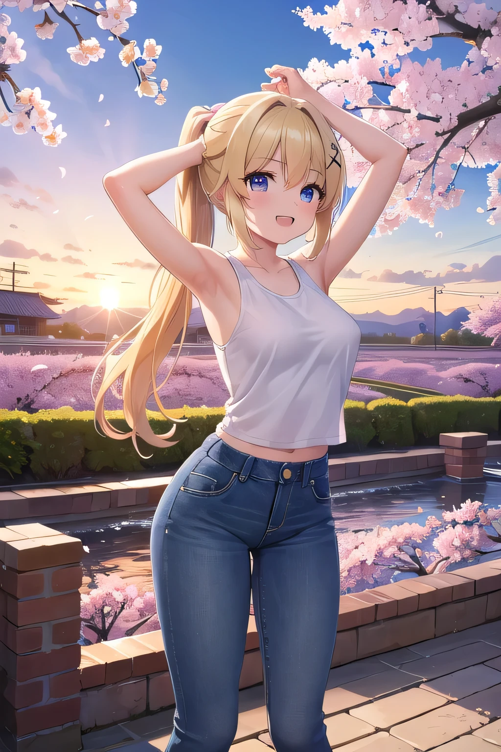 masterpiece,best quality,ultra detail,1girl, ****,petite,Laugh happily,background((cherry_blossoms, garden, beautiful sunset)),sunshine,cloud, beautiful blonde ponytail hair, hair ornament, x hair ornament,Raise your arms and bring them behind your head,White teeth, large breast, white tank tops, armpit, jeans pants, (flares jeans 1:1), blue jeans, standing sexual pose, orgasm,