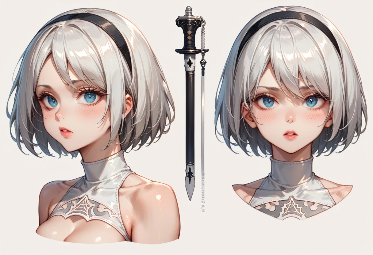 character sheet desing lady 2b from nier automata, only head. beauty face, perfect proportion, beauty, ultra detailed face. view: front view and orthogonal side view . (only head view) 2 views. beauty eyes. orthogonall views, no perspetive only orthogonal views. straight head, orthogonal view. symmetry. ((only 2 views))