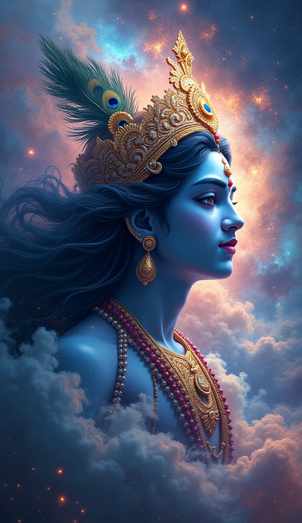 Shree krishan bhagavan , on head peacock feather, sky ,  middle hair ,background gode  hie lite, blessing, blue colour body, one hand power lite ,planet,many bagavan