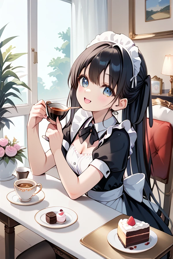   1 girl,  Black Hair , Long Hair ,   maid clothes,Afternoon tea,tea ,sweets,cake