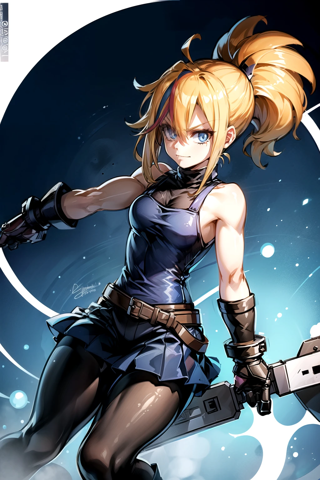 (masterpiece, best quality:1.2), Blue glowing eyes, perfect face, highres, 1 girl, solo, ultra long ponytail, (female:1.5), strife, blonde hair, shoulder armor, sleeveless turtleneck, suspenders, belt, gloves, bracer, evil smile, standing, portrait, looking at viewer, giant sword on the back