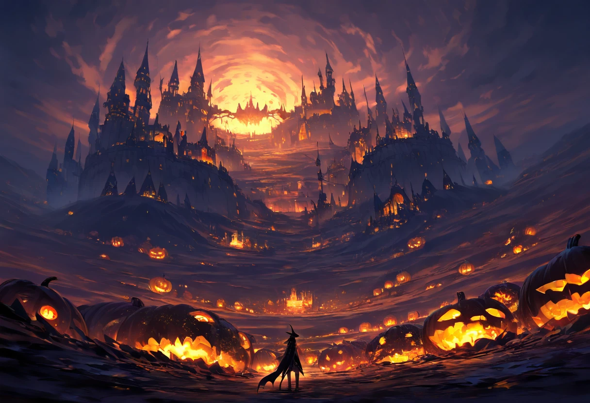 ultra highres, ultra high definition, masterpiece, (hyper quality), highly detailed illustration, digital art, digital painting, vivid color, scenic, halloween castle, medieval castle, pumpkins, (vibrant), (noble), (fantasy world), sharp focus, mystic night, dark, fantasy art, (colorful glowing magic), translucent ghosts,