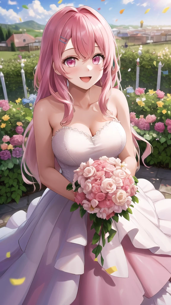 masterpiece, best quality, highres, 1girl, solo, long hair, pink hair, hairclip, bangs, pink eyes, wedding dress, standing, garden, confetti, holding bouquet, smile, open mouth,