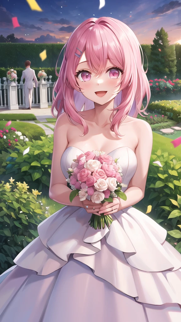 masterpiece, best quality, highres, 1girl, solo, long hair, pink hair, hairclip, bangs, pink eyes, wedding dress, standing, garden, confetti, holding bouquet, smile, open mouth,