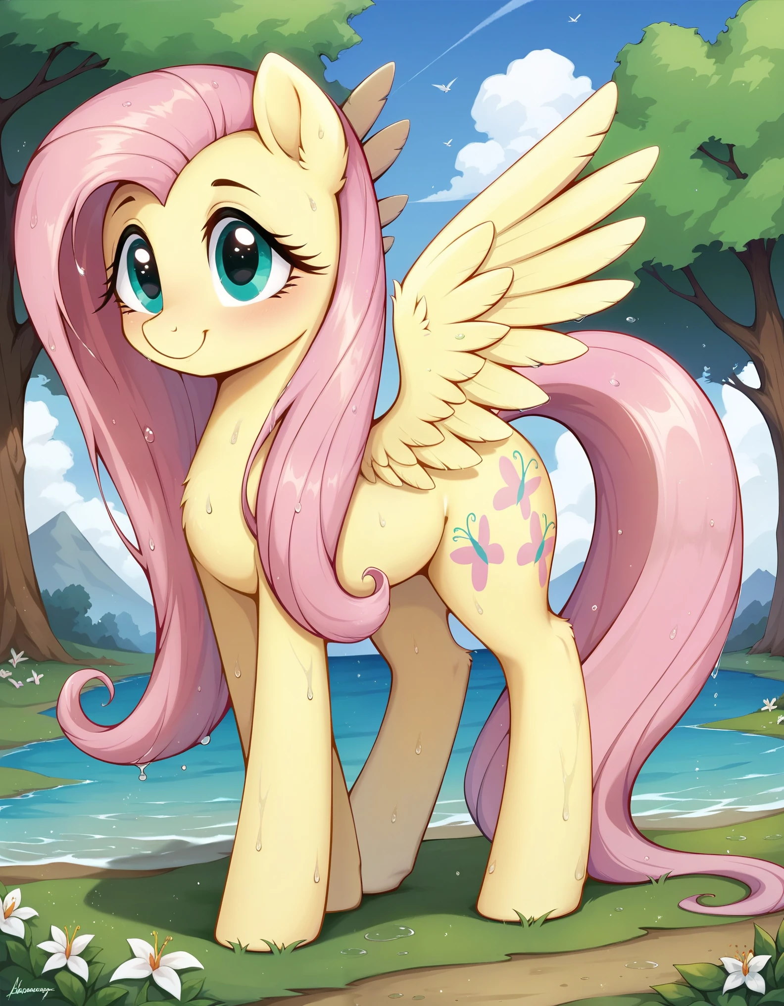 score_9, score_8_up, score_7_up, (masterpiece)), ((best quality), (high detailed), (beautiful), 1girl, feral, fluttershy, smile, one character, mlp, pony, my little pony, horse, wet (full body shoot), detailed hair, detailed fur,, (hioshiru:1.0),,