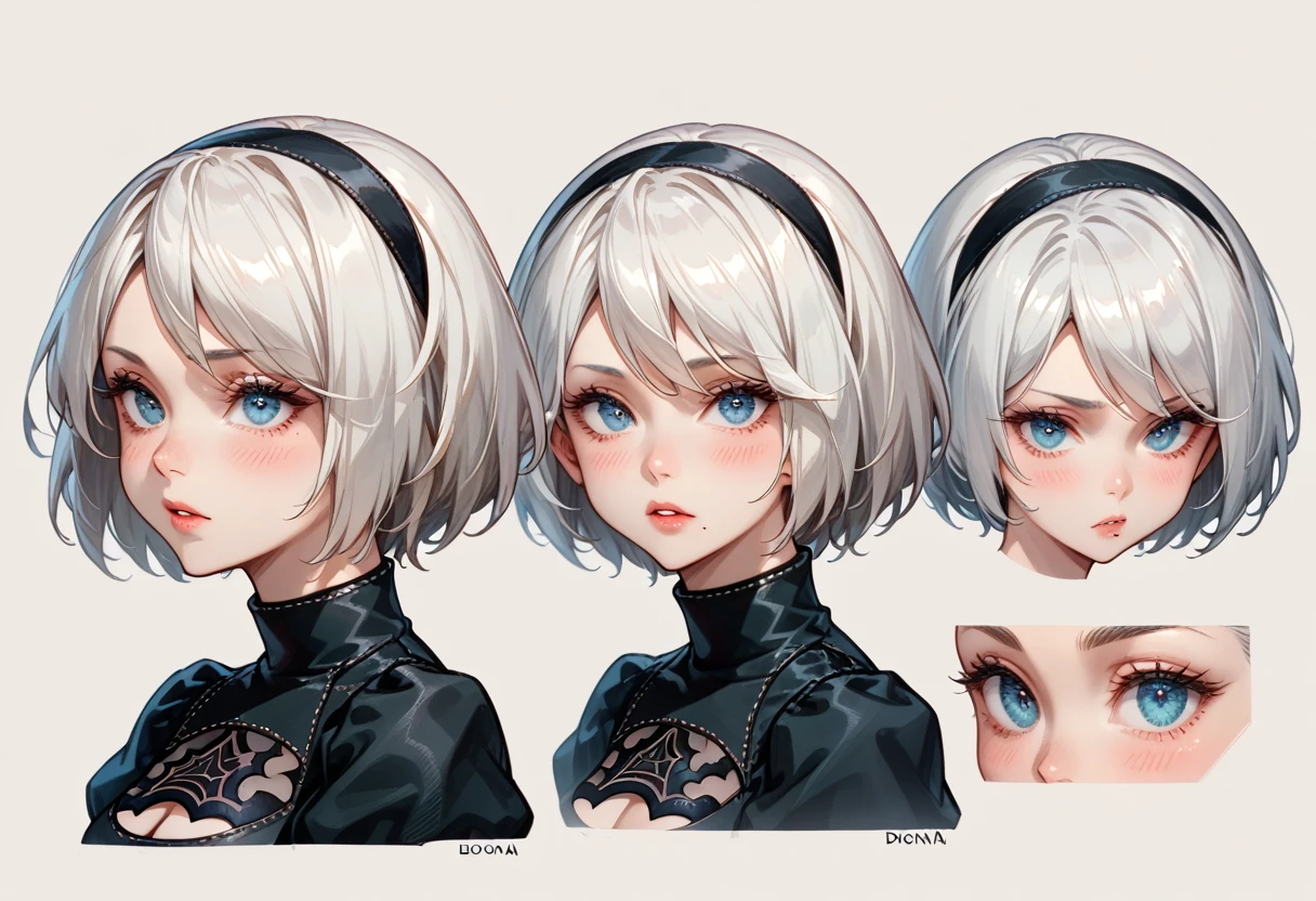 character sheet desing lady 2b from nier automata, only head. beauty face, perfect proportion, beauty, ultra detailed face. view: front view and ((orthogonal side view)) . (only head view) 2 views. beauty eyes. orthogonall views, no perspetive only orthogonal views. straight head, orthogonal view. symmetry. ((only 2 views))