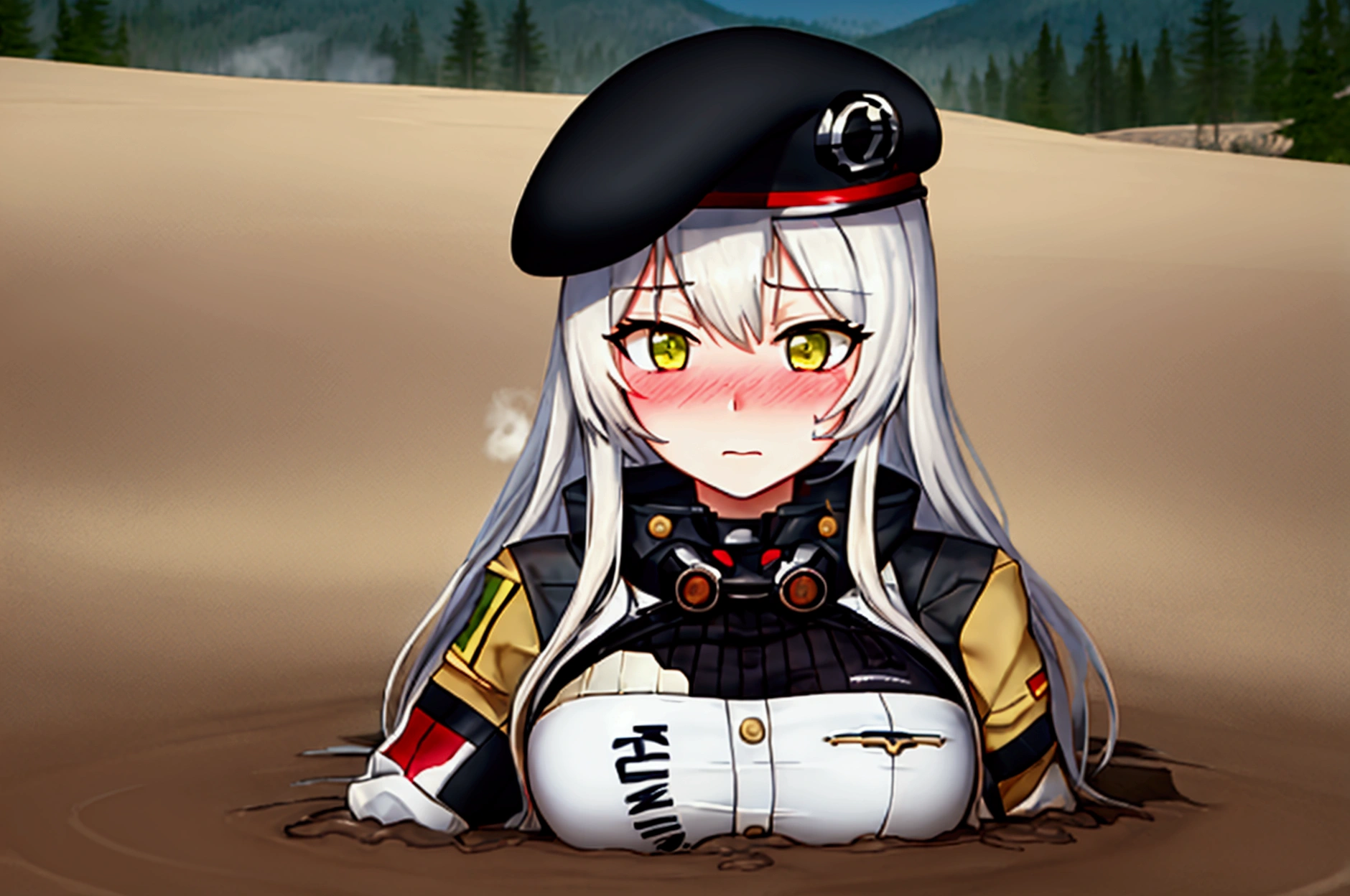 score_9, score_8_up, score_7_up, 1girl, solo, (blushing), looking down, 1girl, solo, (416_girlsfrontline:1.2), large breast, white hair, green eyes, (jacket:1.2), (beret:1.2), black_headwear, long_sleeves, (oriental:1.2), partially submerged, flooding up to the chest, upper body, yellowstone park, relaxing, anime face, trembling, (half upper body:1.2), Quicksand, Quick Sand, arms stuck in quicksand, up to chest in quicksand, moaning, blushing, shortstack figure, breasts pushed up by quicksand, standing in quicksand, shining