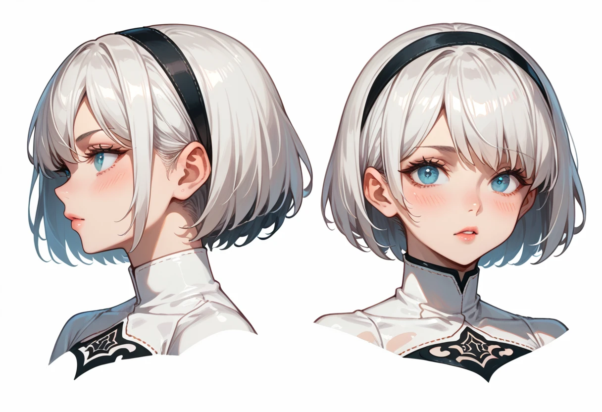 character sheet desing lady 2b from nier automata, only head. beauty face, perfect proportion, beauty, ultra detailed face. view: front view and orthogonal side view . (only head view) 2 views. beauty eyes. orthogonall views, no perspetive only orthogonal views. straight head, orthogonal view. symmetry. only 2 views.