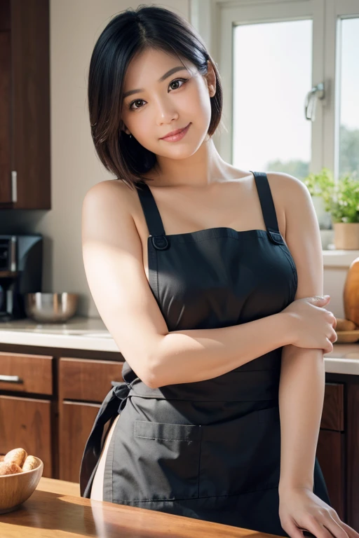 milf,naked apron,dark skin,lying,plump,in kitchen,black curly hair,