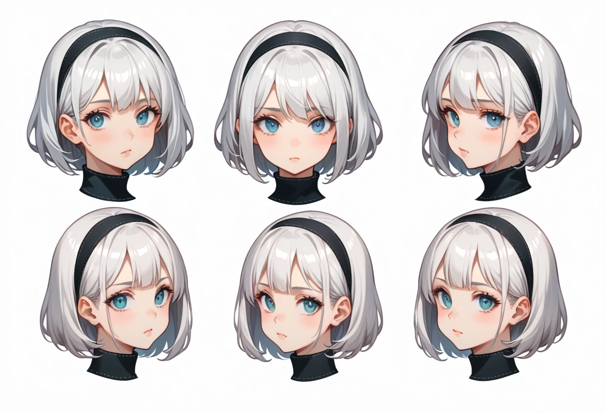 character sheet desing lady 2b from nier automata, only head. beauty face, perfect proportion, beauty, ultra detailed face. view: front orthogonal view and orthogonal side view . (only head view) 2 views. beauty eyes. orthogonall views, no perspetive only orthogonal views. straight head, orthogonal view. symmetry. only 2 views.