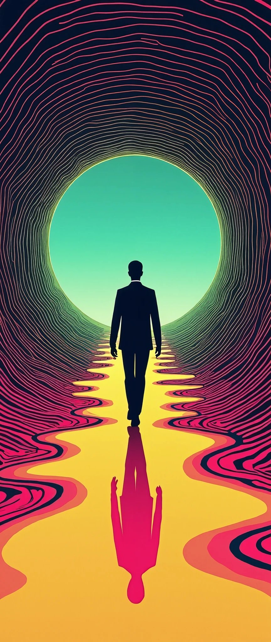 (masterpiece:1.2,EXCEPTIONAL QUALITY ,Mirror finish,  cinematic experience  , Best illustrations :2.0,Super detailed.2.0),8k,wallpaper,( A man in a suit walks through a twisted round tube:2.0),(A different dimensional portal opens at the end of the tube :2.0),( vector art with a single line:2.0),(Monochrome:2.0),(Door to Another Dimension :2.0),( Retrofuture)